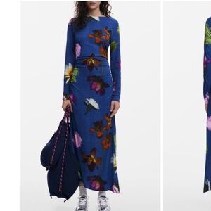 Desigual Floral Print Ruched Long Sleeve Maxi Dress